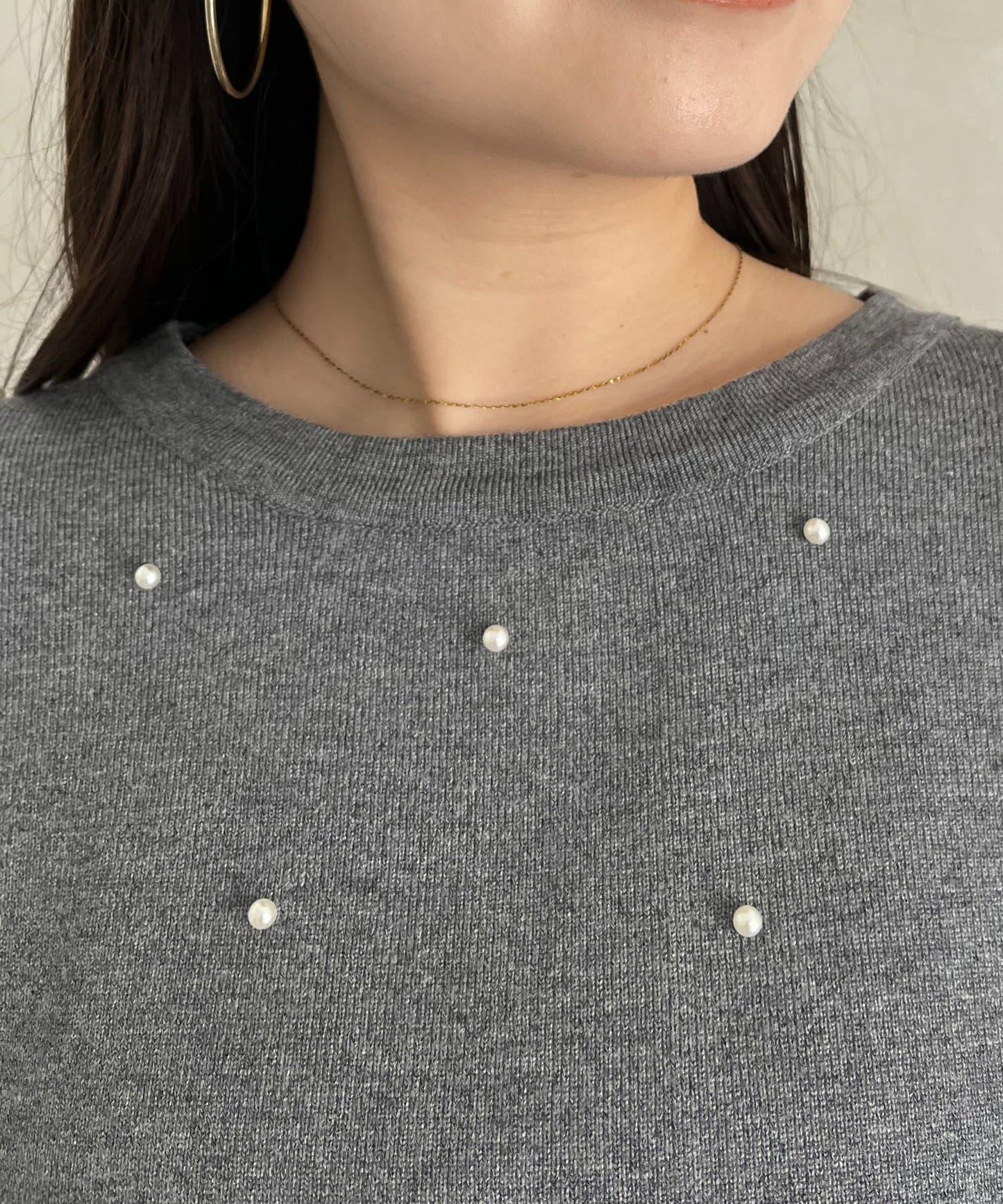 露肩珍珠裝飾拼接針織衫