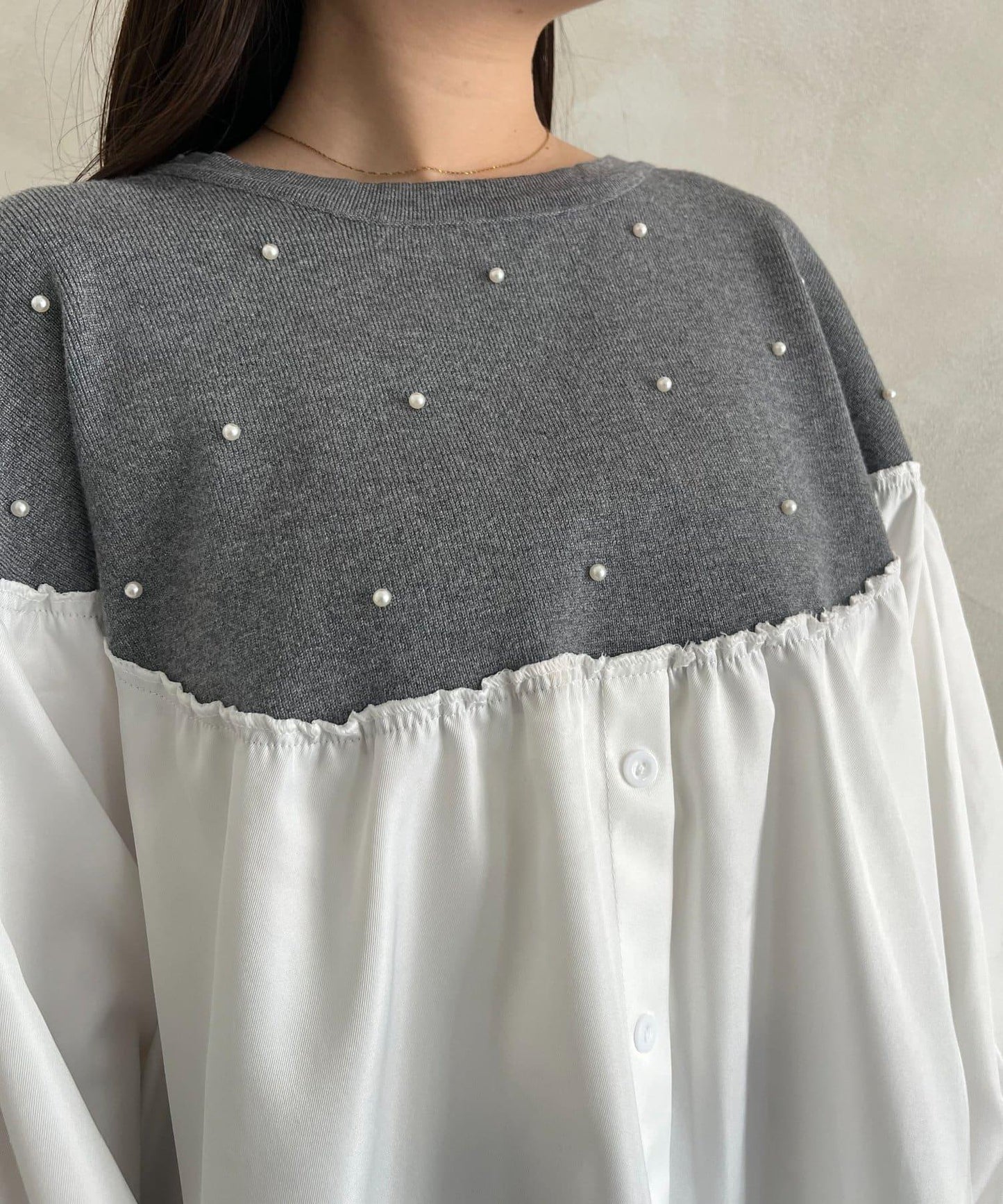 露肩珍珠裝飾拼接針織衫