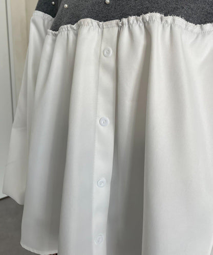 露肩珍珠裝飾拼接針織衫