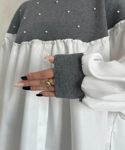 露肩珍珠裝飾拼接針織衫