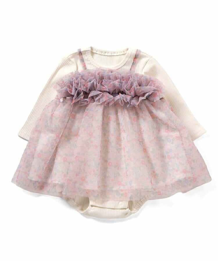 花卉圖案蓬鬆網紗連體衣