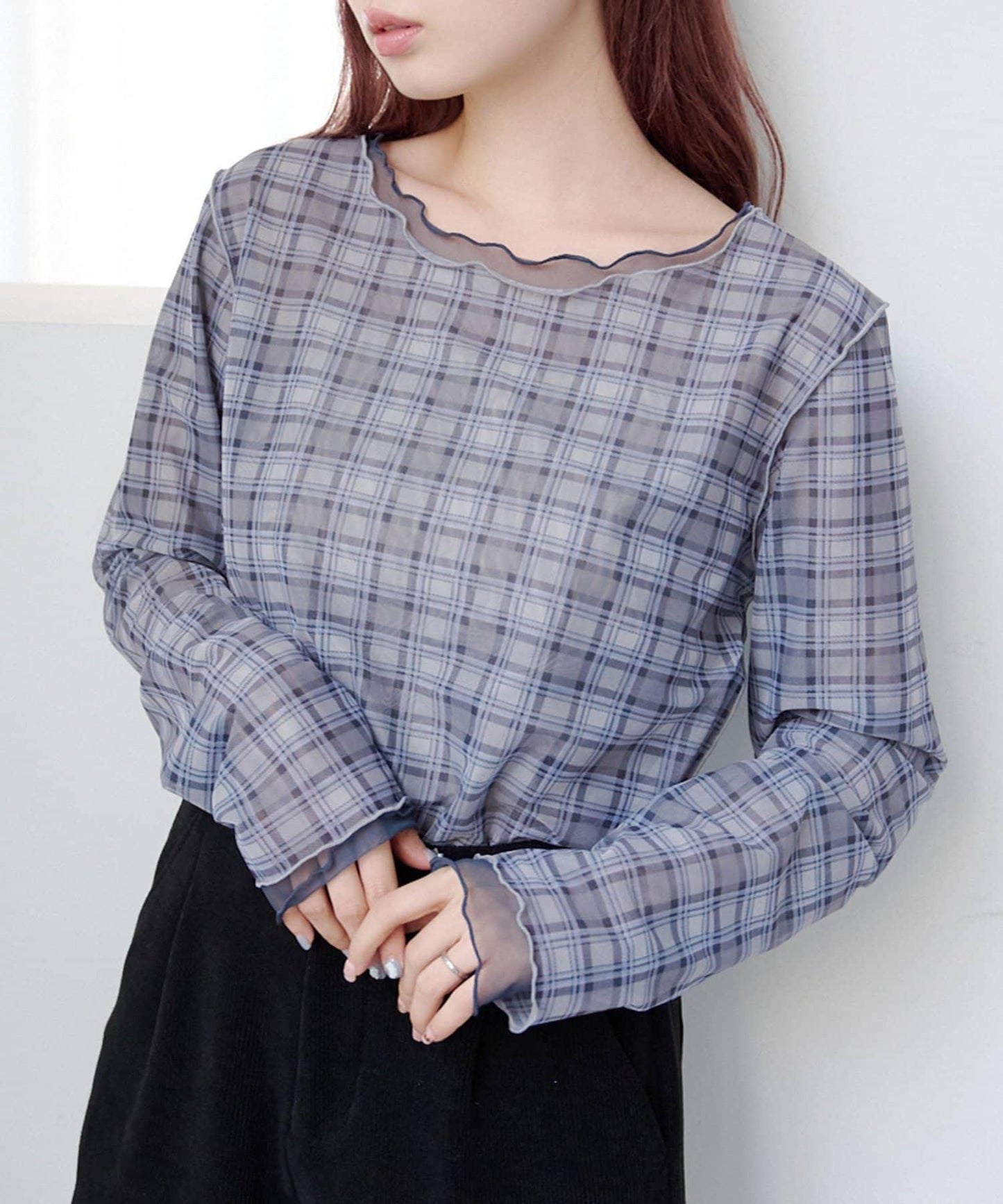 拼接格紋透視套頭衫