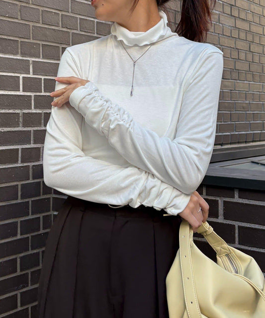 高領袖部褶皺長袖T恤