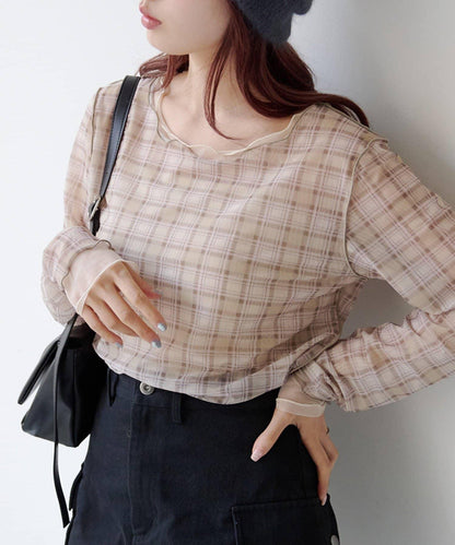 拼接格紋透視套頭衫