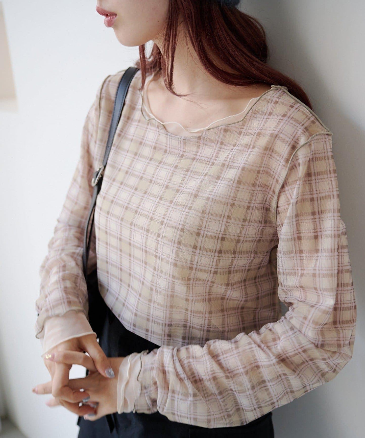 拼接格紋透視套頭衫