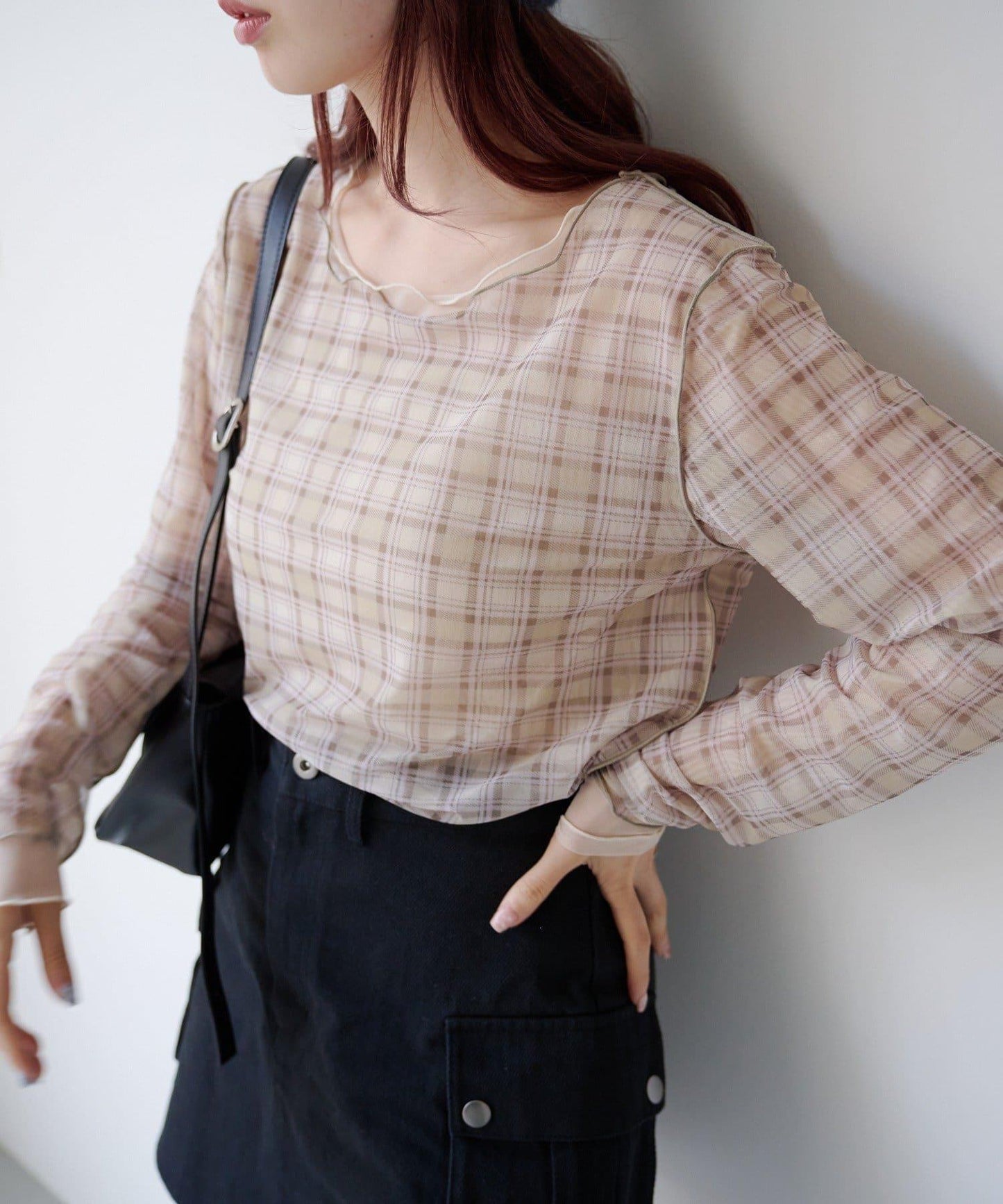 拼接格紋透視套頭衫