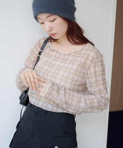 拼接格紋透視套頭衫