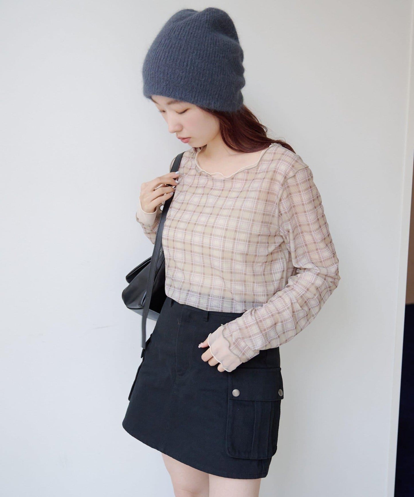 拼接格紋透視套頭衫