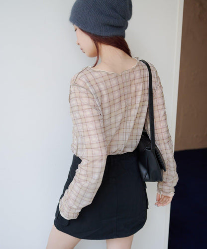 拼接格紋透視套頭衫