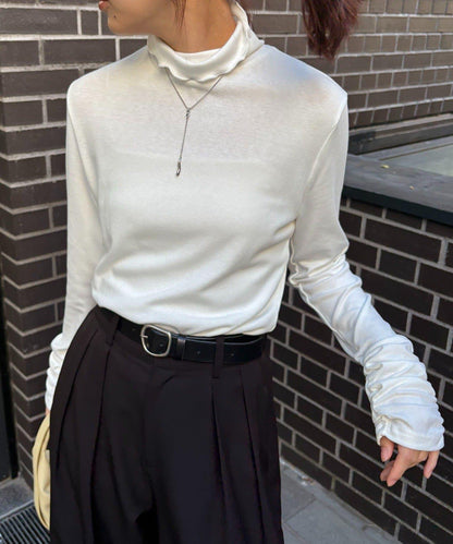 高領袖部褶皺長袖T恤
