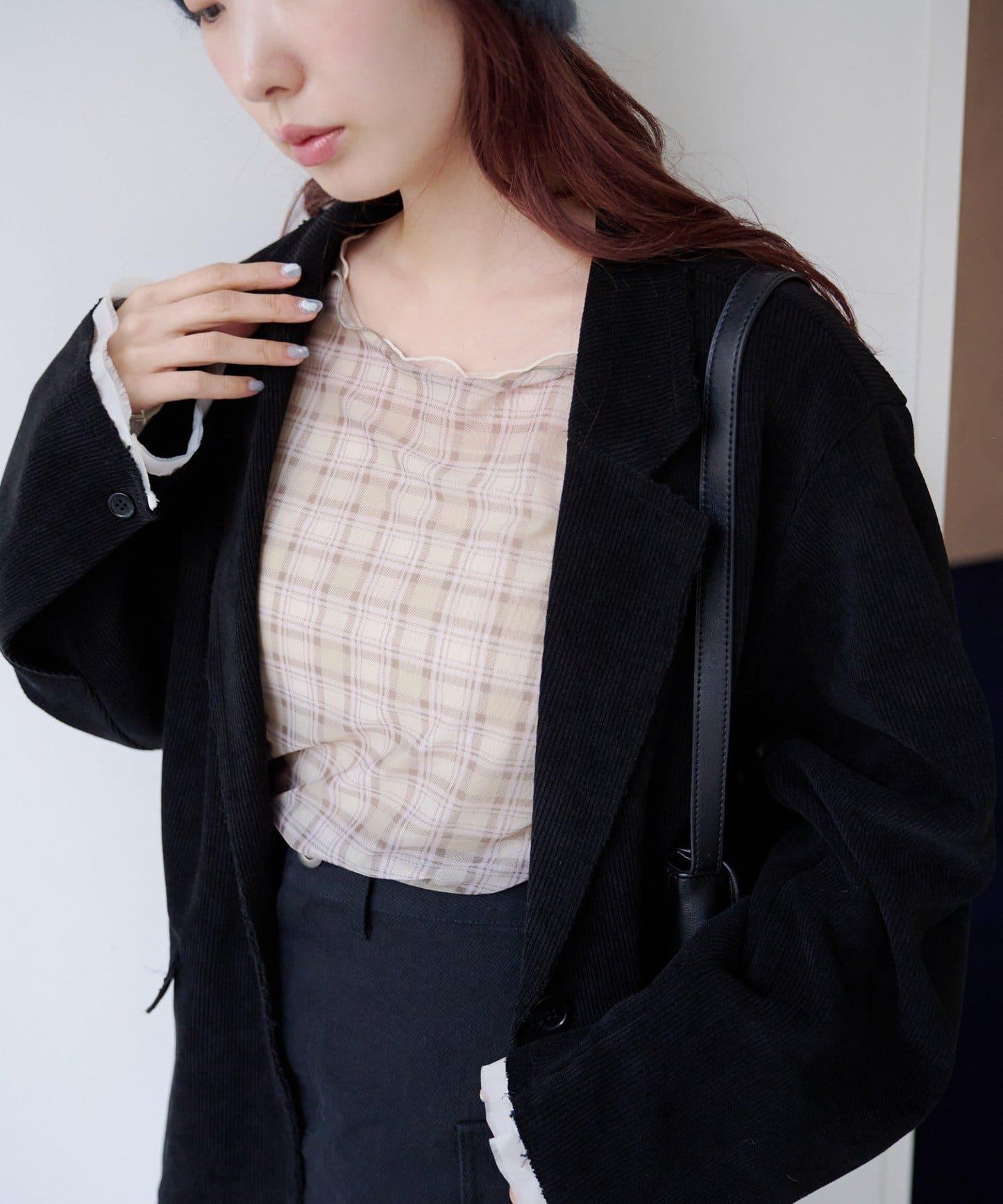 拼接格紋透視套頭衫