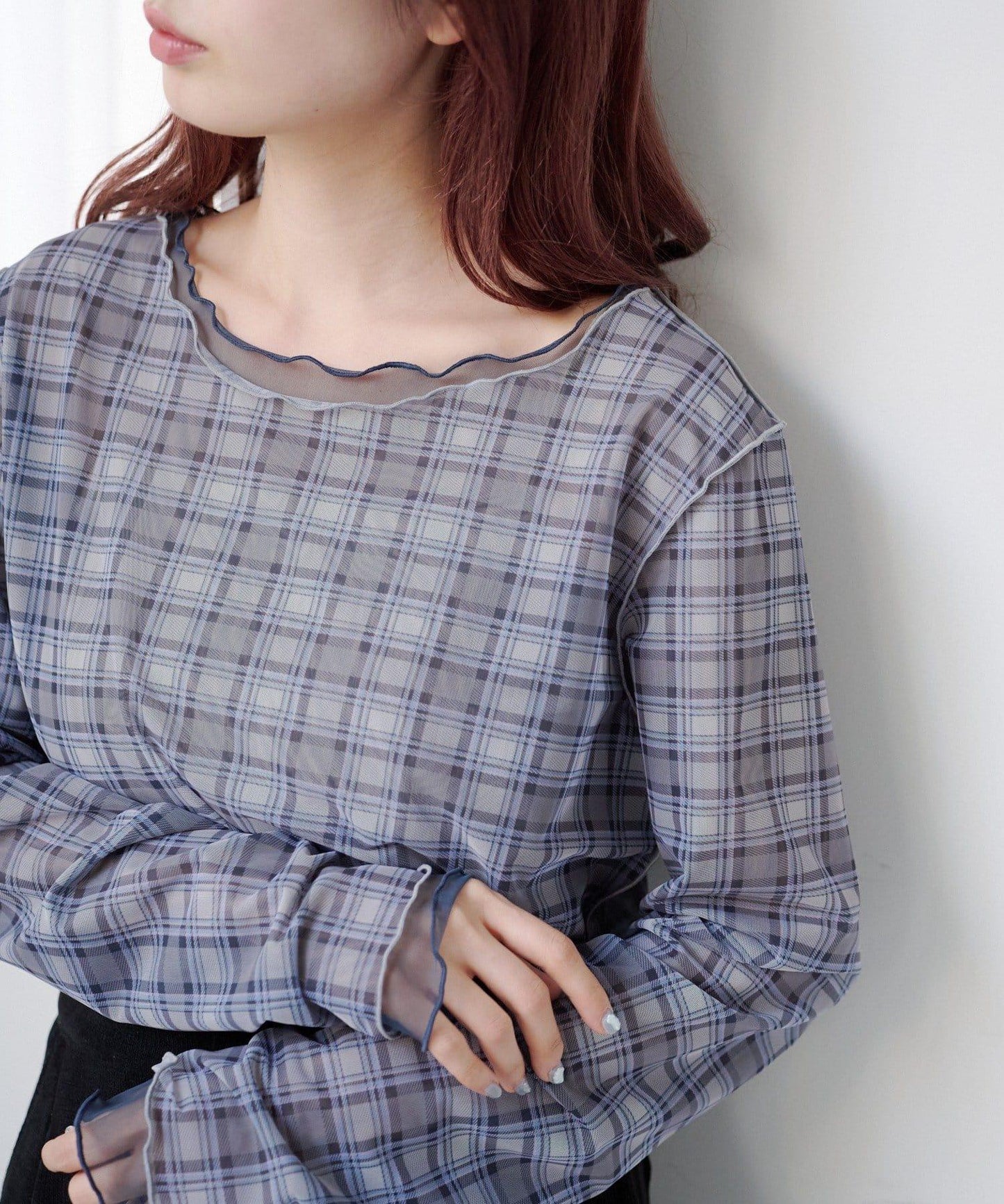 拼接格紋透視套頭衫