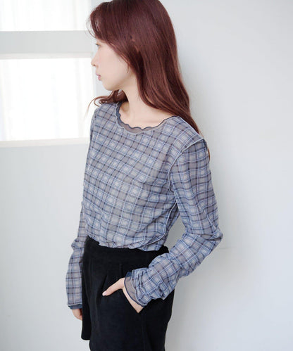 拼接格紋透視套頭衫