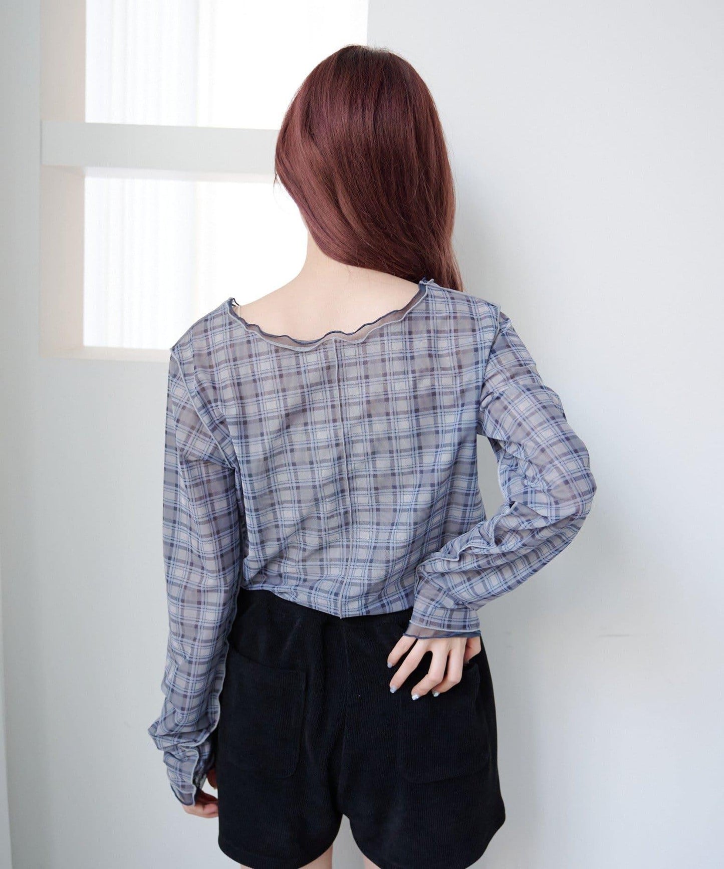 拼接格紋透視套頭衫