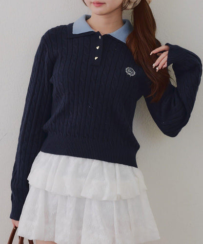 2件裝領口電纜針織POLO衫