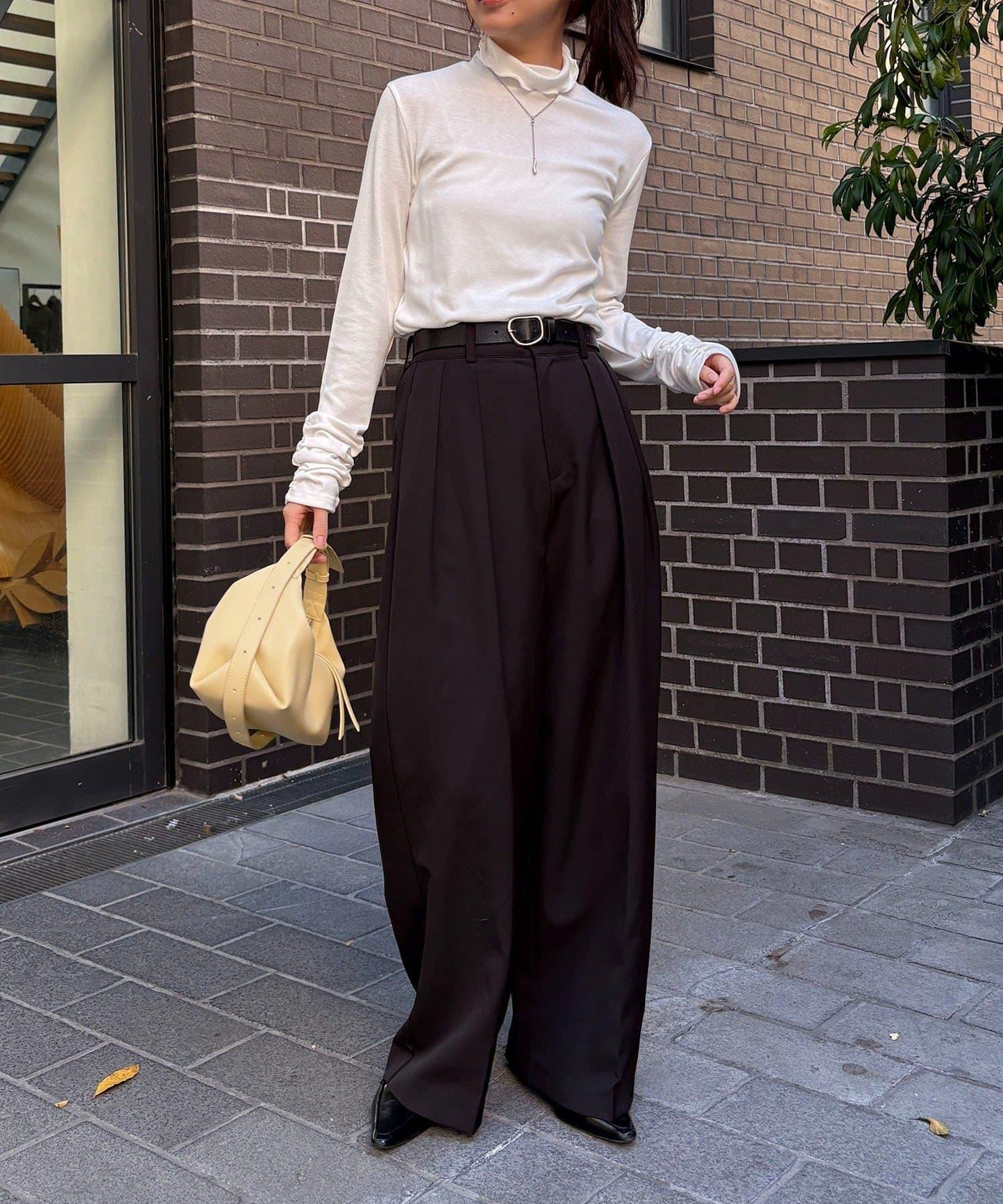 高領袖部褶皺長袖T恤