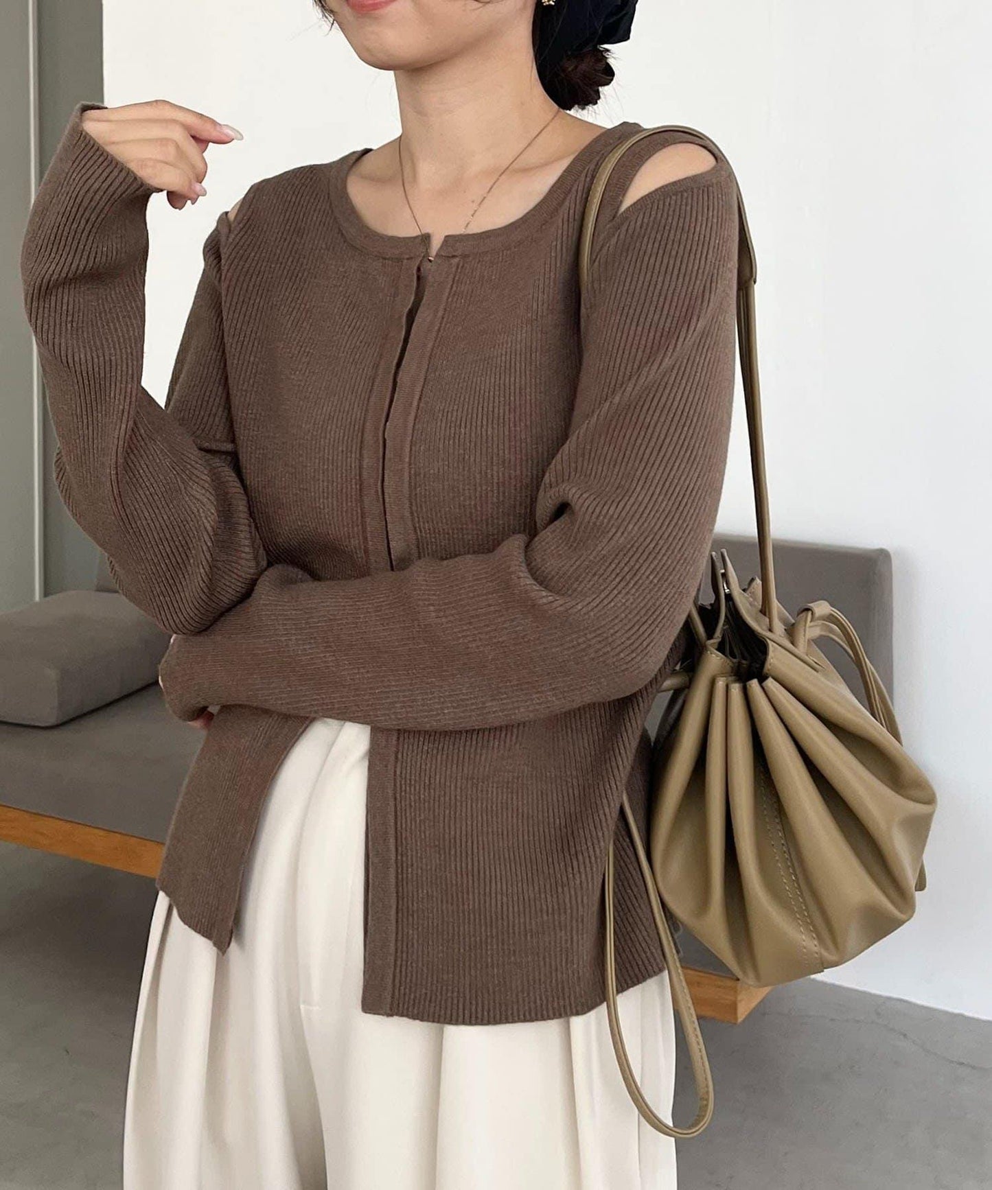 肩部開口紐扣開衫