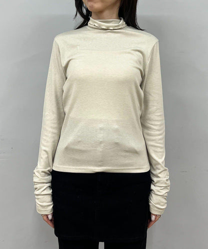 高領袖部褶皺長袖T恤