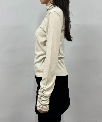 高領袖部褶皺長袖T恤