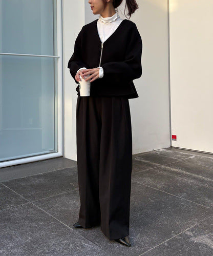 高領袖部褶皺長袖T恤