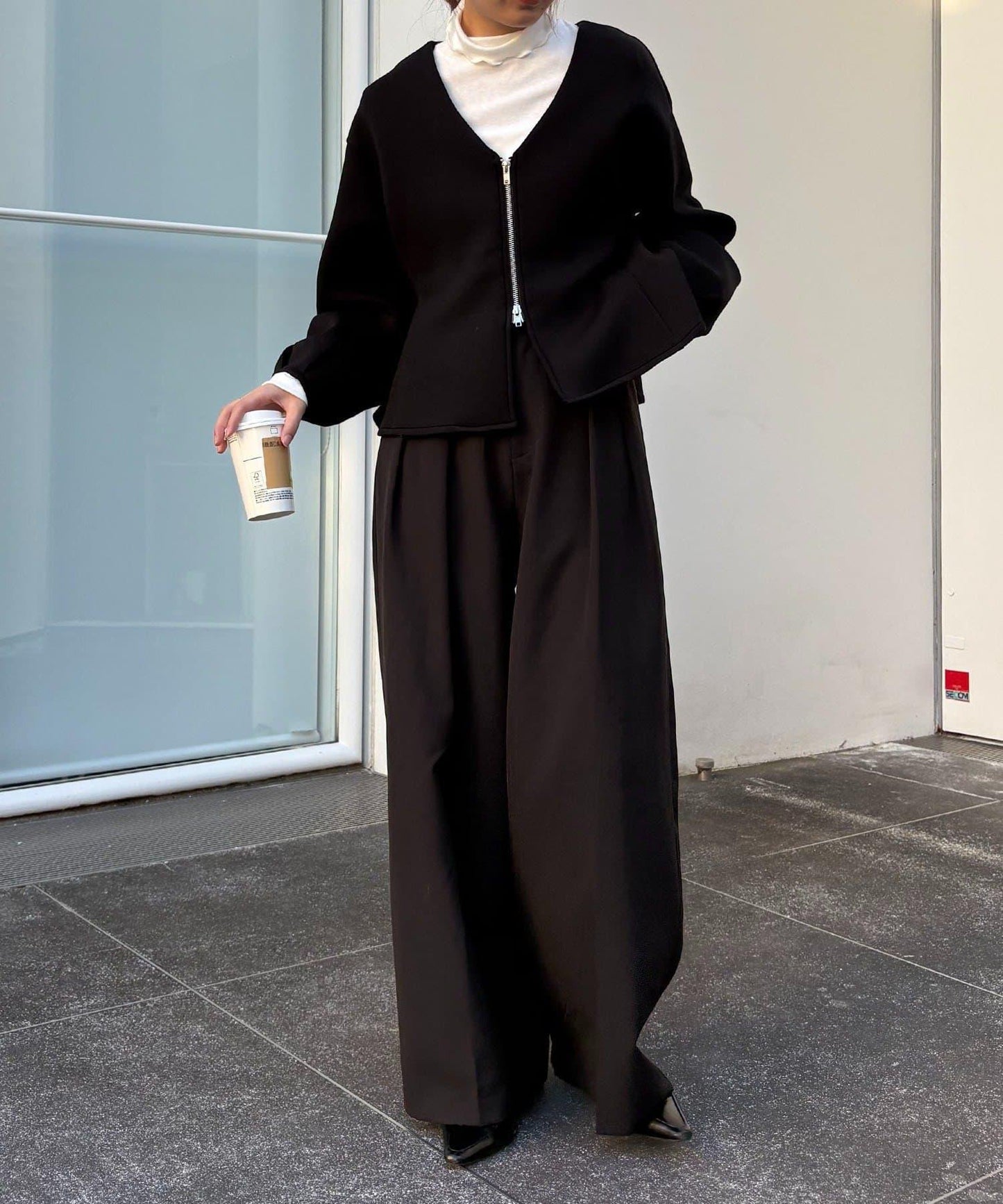 高領袖部褶皺長袖T恤