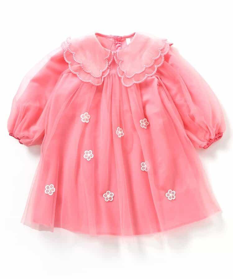 荷葉邊領網紗連衣裙_アプレレクールマシェリ