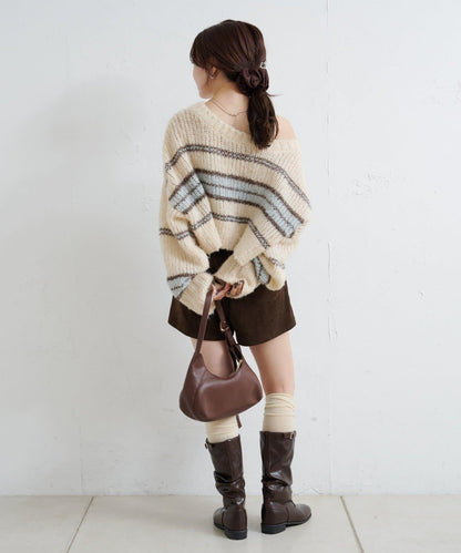 【Kastane】條紋仿馬海毛針織衫