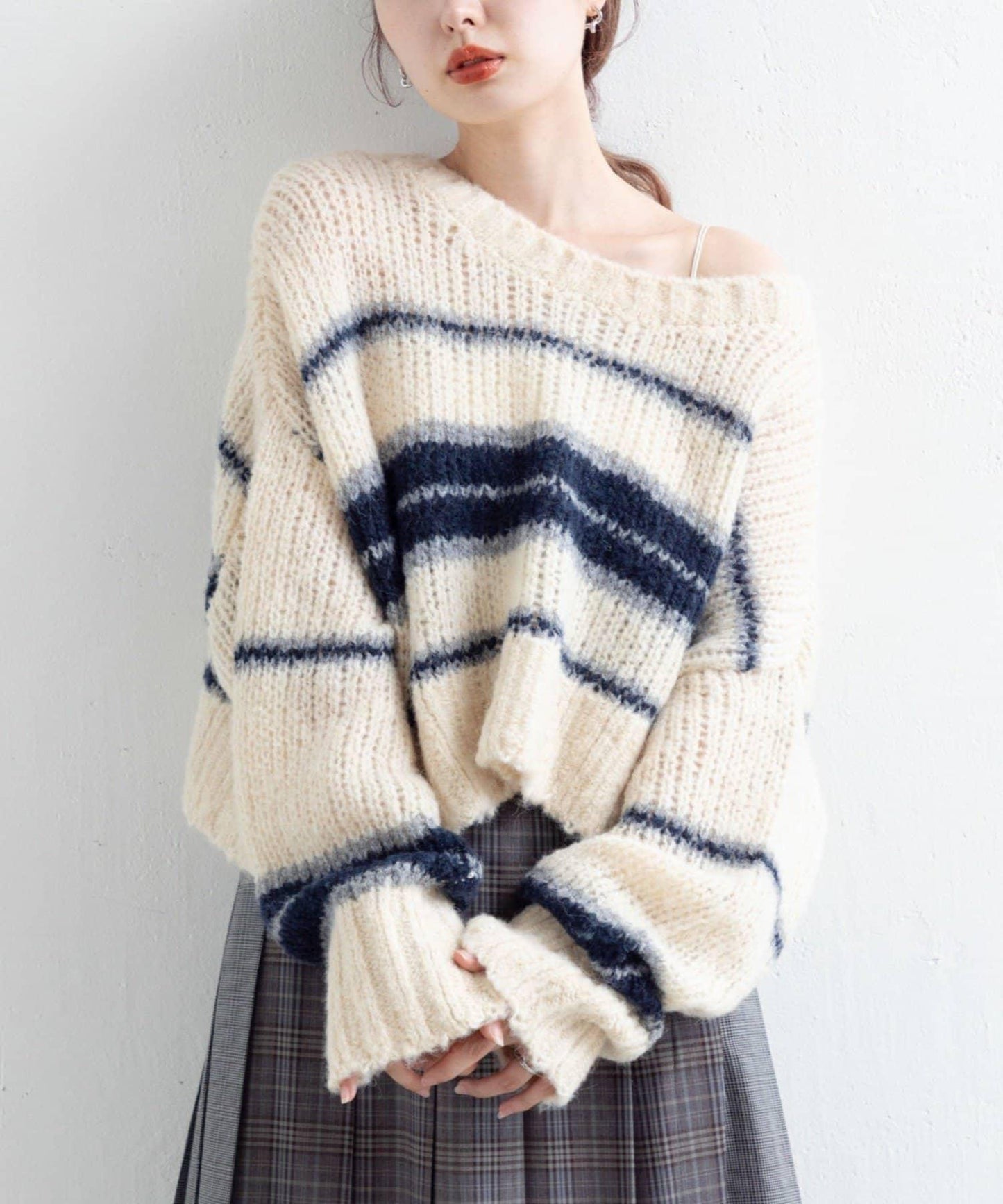 【Kastane】條紋仿馬海毛針織衫