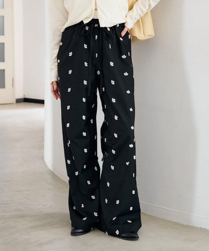 花卉刺繡寬腿褲