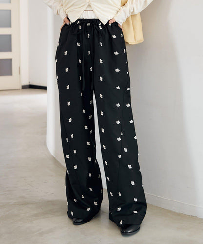 花卉刺繡寬腿褲