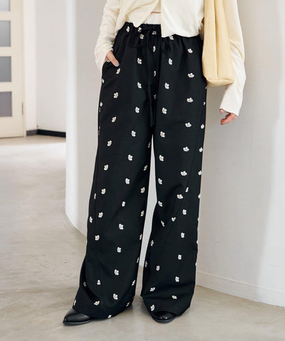 花卉刺繡寬腿褲