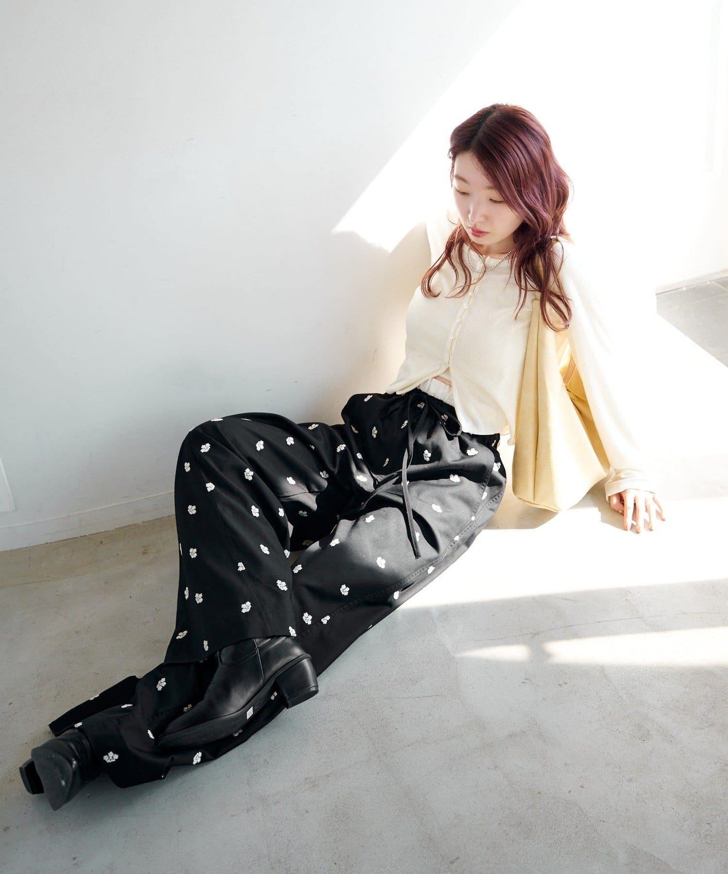 花卉刺繡寬腿褲