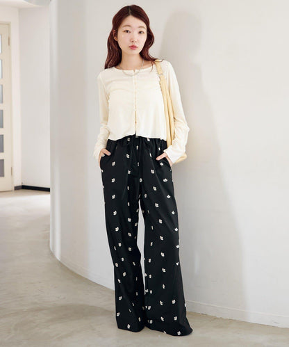 花卉刺繡寬腿褲