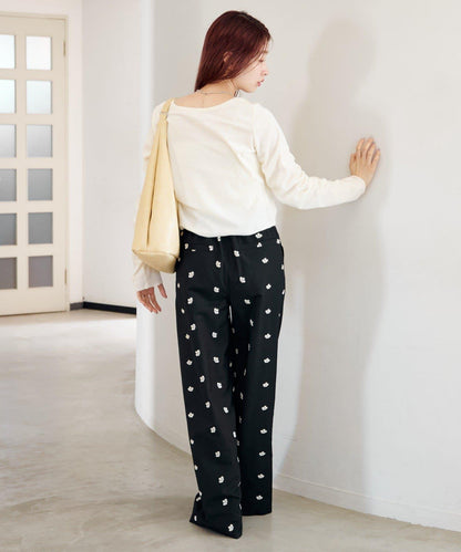 花卉刺繡寬腿褲