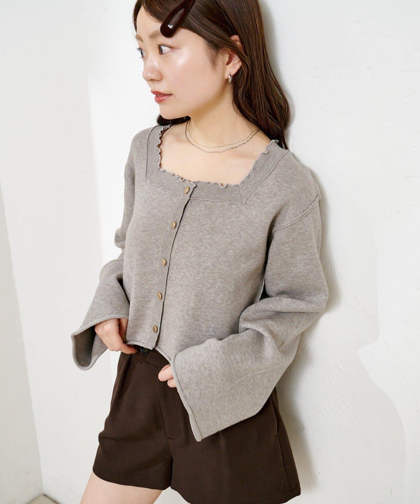 【4色可選】方領荷葉邊針織開衫