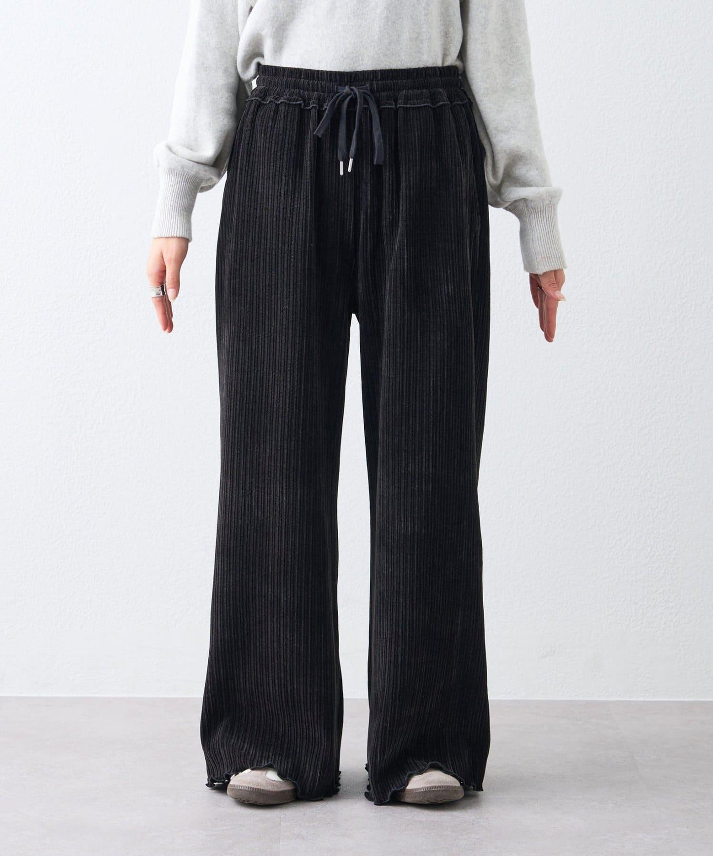 天鵝絨羅紋拼接圖案寬鬆休閒褲