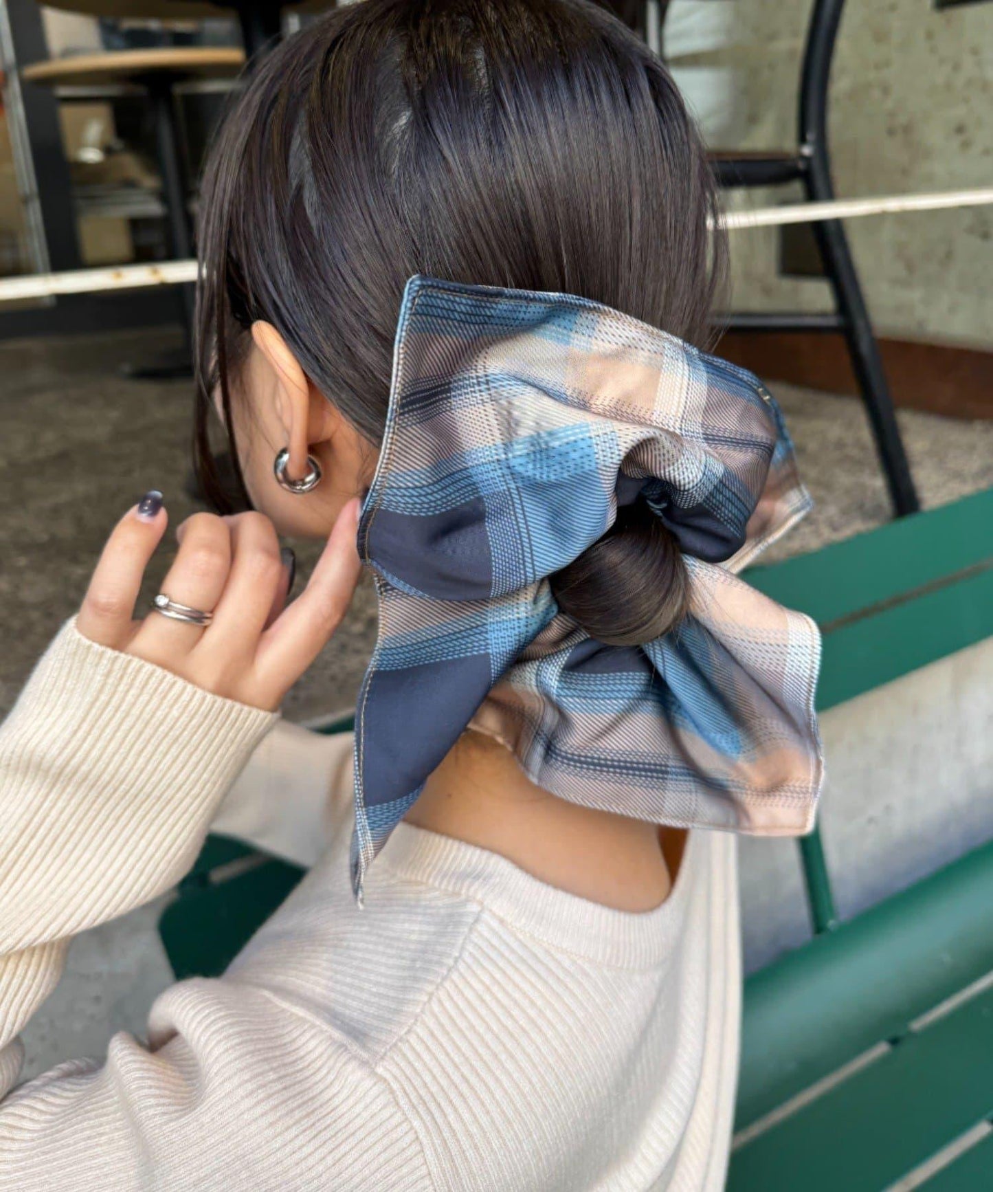 lil緞面格紋方形大號髮圈