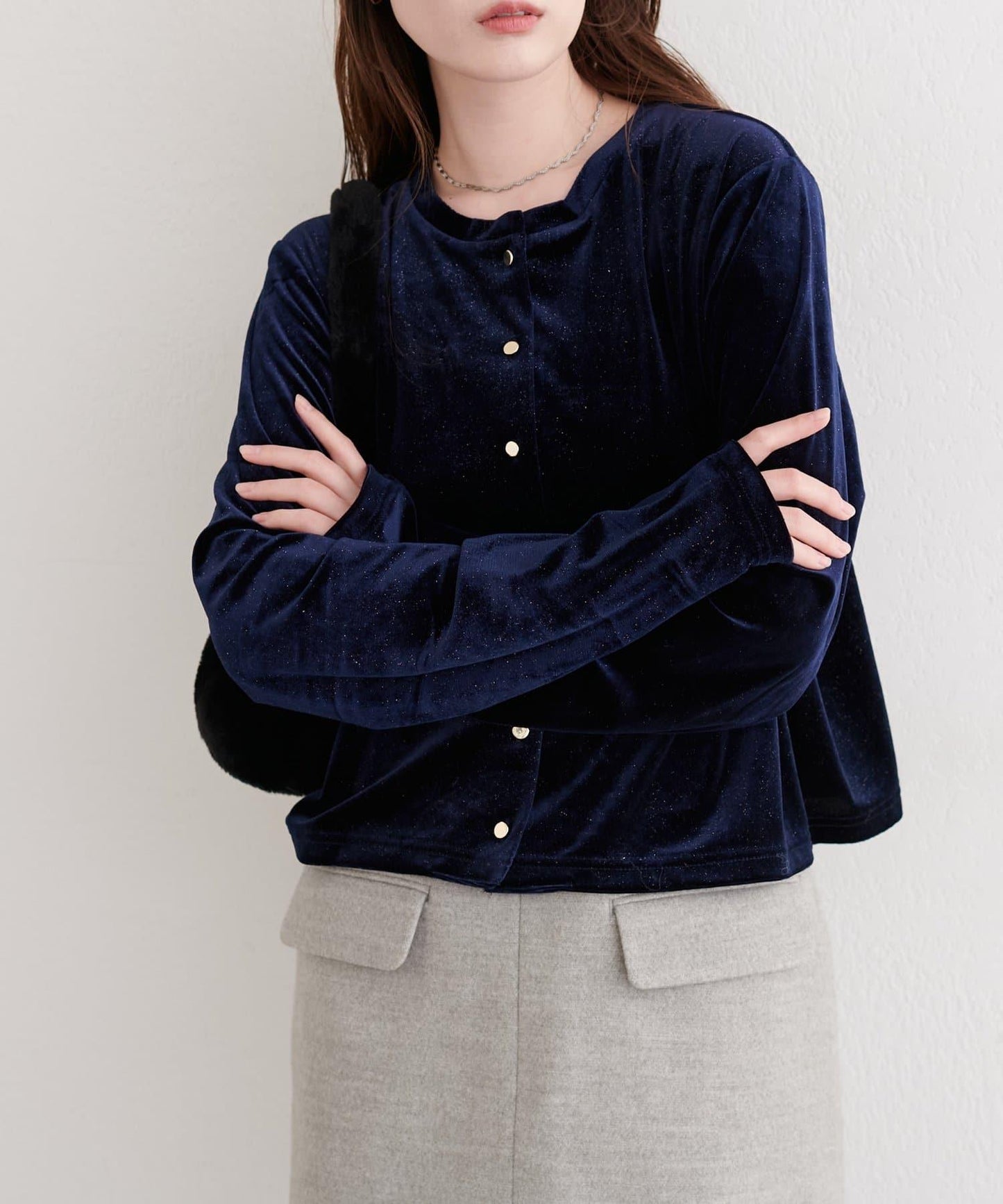 亮片天鵝絨圓領開衫