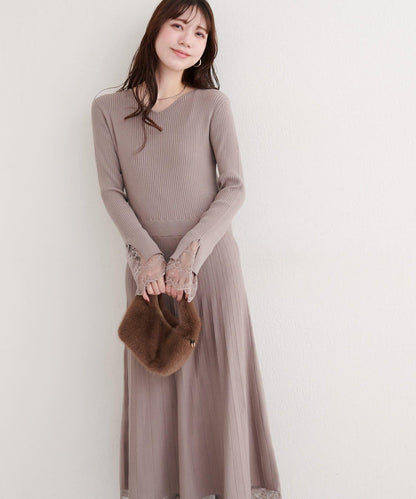 袖口蕾絲針織連衣裙