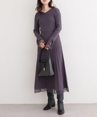 袖口蕾絲針織連衣裙