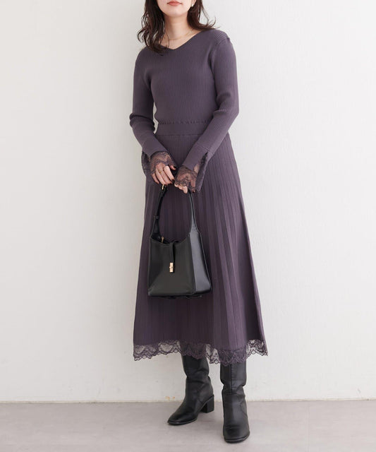 袖口蕾絲針織連衣裙