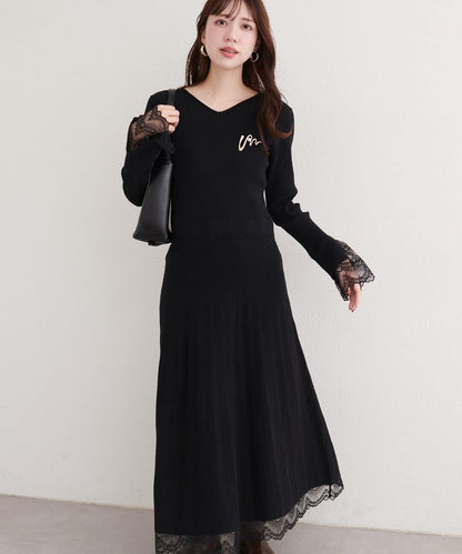 袖口蕾絲針織連衣裙