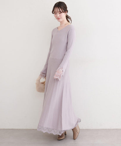 袖口蕾絲針織連衣裙