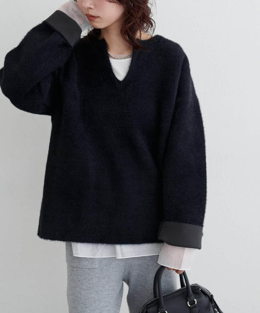 接結W面料羽毛紗針織套頭衫