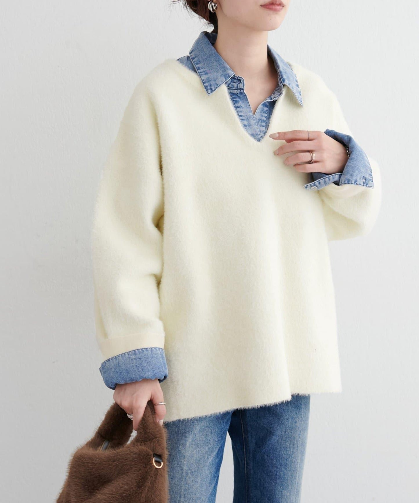 接結W面料羽毛紗針織套頭衫