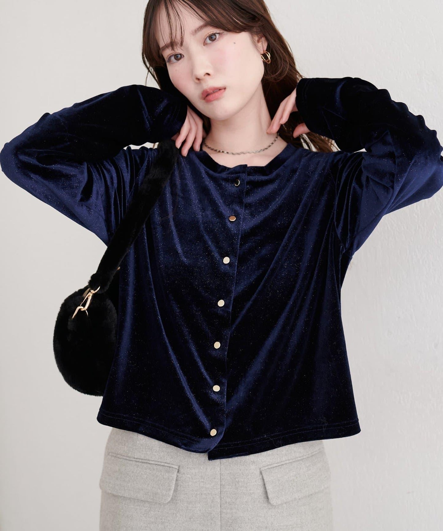 亮片天鵝絨圓領開衫