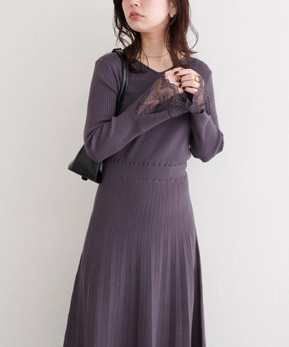 袖口蕾絲針織連衣裙