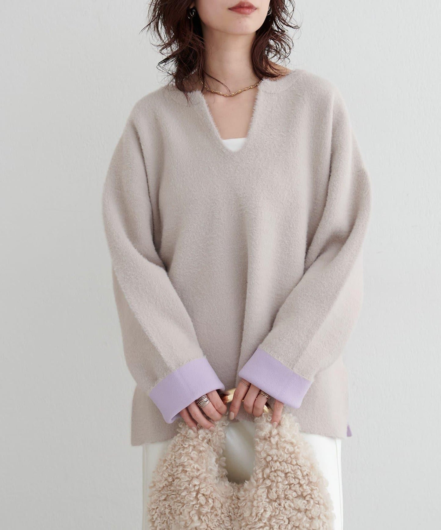 接結W面料羽毛紗針織套頭衫