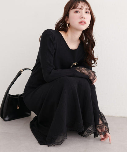 袖口蕾絲針織連衣裙