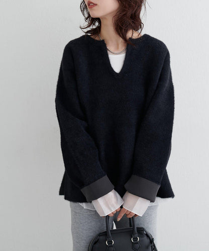 接結W面料羽毛紗針織套頭衫